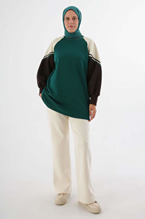 Zümrüt-Şardonlu Deri Garnili Şeritli Sweatshirt