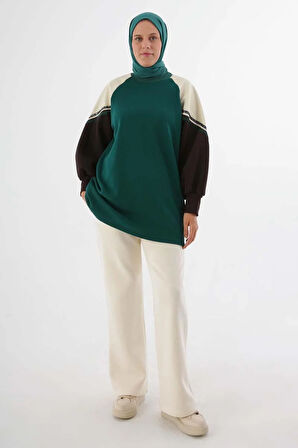Zümrüt-Şardonlu Deri Garnili Şeritli Sweatshirt