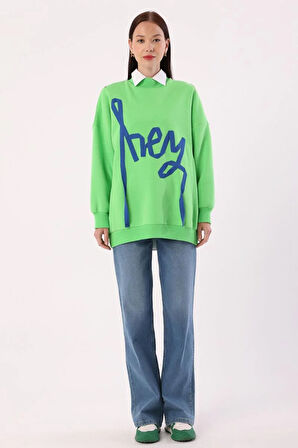Neon Yeşil-Oversize Şardonlu Şerit Detaylı Sweatshirt