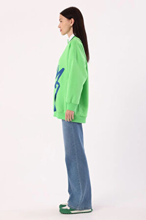 Neon Yeşil-Oversize Şardonlu Şerit Detaylı Sweatshirt