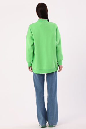 Neon Yeşil-Oversize Şardonlu Şerit Detaylı Sweatshirt