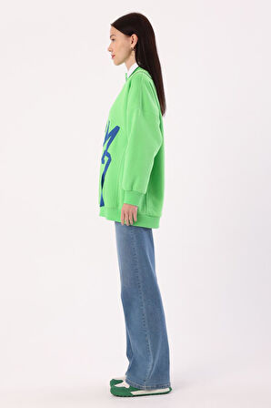 Neon Yeşil-Oversize Şardonlu Şerit Detaylı Sweatshirt