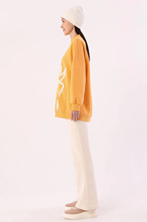 Turuncu-Oversize Şardonlu Şerit Detaylı Sweatshirt