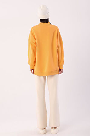 Turuncu-Oversize Şardonlu Şerit Detaylı Sweatshirt