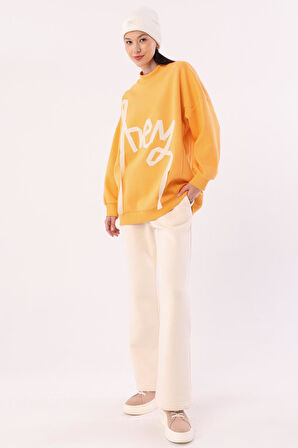 Turuncu-Oversize Şardonlu Şerit Detaylı Sweatshirt