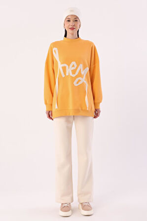 Turuncu-Oversize Şardonlu Şerit Detaylı Sweatshirt