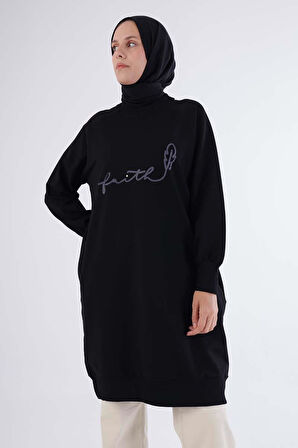 Siyah-Faıth Yazılı Nakışlı Sweat Tunik