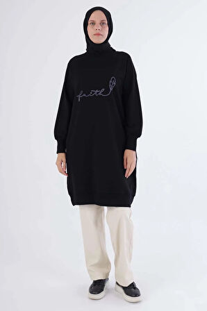 Siyah-Faıth Yazılı Nakışlı Sweat Tunik