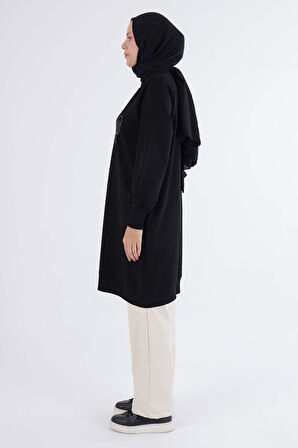 Siyah-Faıth Yazılı Nakışlı Sweat Tunik