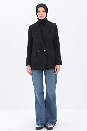 Siyah-Simli Tüvit Kumaş Blazer Ceket