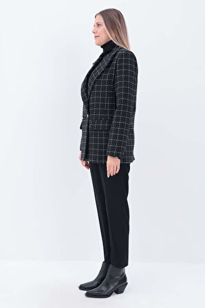 Siyah-Ekru-Simli Tüvit Kumaş Blazer Ceket
