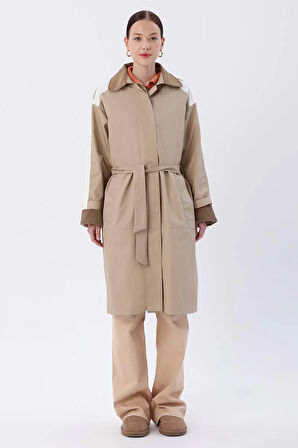 Bej-Kumaş Mixli Oversize Trençkot