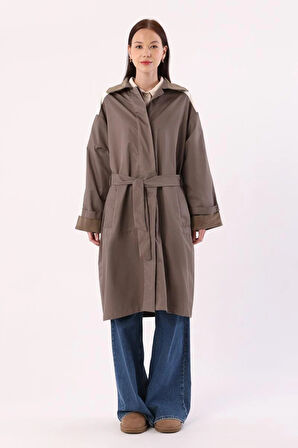 Vizon-Kumaş Mixli Oversize Trençkot