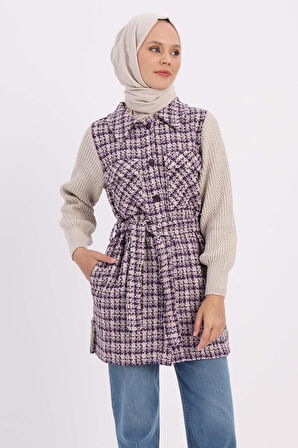 Mor-Triko Garnili Kuşaklı Tüvit Hırka