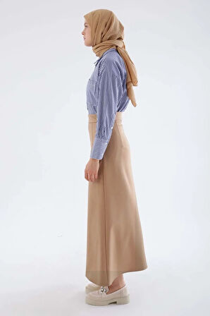 Camel-Pensli Yandan Fermuarlı Yarım Çan Etek
