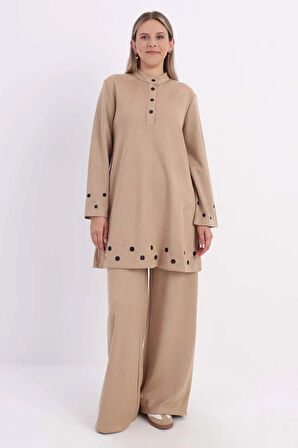 Bej-Kuşgözlü Pantolonlu Takım