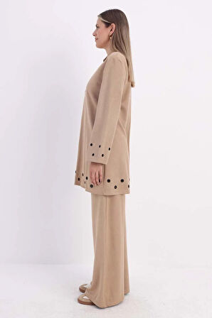 Bej-Kuşgözlü Pantolonlu Takım