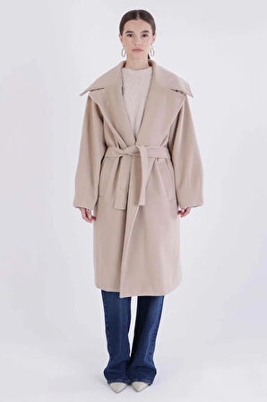 Bej-Oversize Kuşaklı Kaşe Kaban