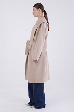 Bej-Oversize Kuşaklı Kaşe Kaban