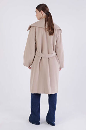 Bej-Oversize Kuşaklı Kaşe Kaban