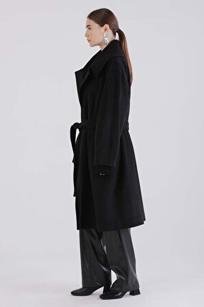 Siyah-Oversize Kuşaklı Kaşe Kaban