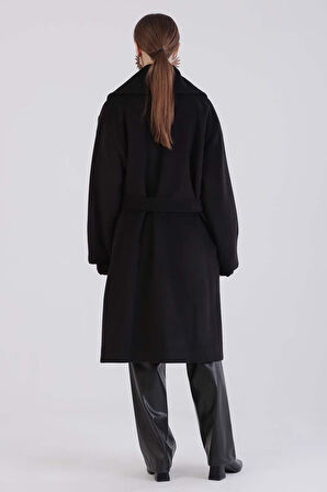 Siyah-Oversize Kuşaklı Kaşe Kaban