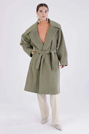 Yeşil-Oversize Kuşaklı Kaşe Kaban