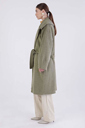 Yeşil-Oversize Kuşaklı Kaşe Kaban