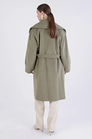 Yeşil-Oversize Kuşaklı Kaşe Kaban