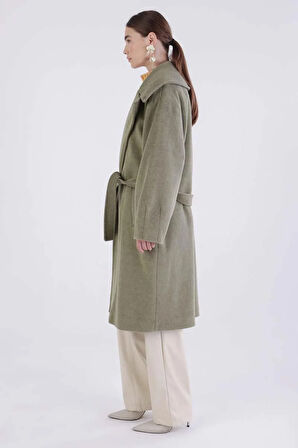 Yeşil-Oversize Kuşaklı Kaşe Kaban