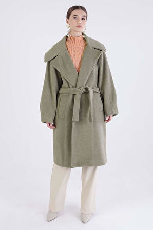 Yeşil-Oversize Kuşaklı Kaşe Kaban