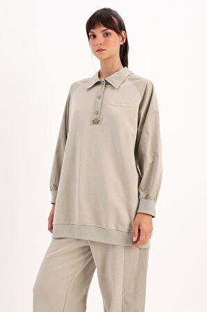 Defne-Pamuklu Garnili Polo Yaka Sweatshirt