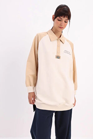 Ekru-Pamuklu Garnili Polo Yaka Sweatshirt