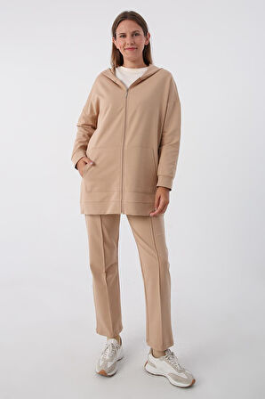 Bej-Fermuarlı Sweat Hırka