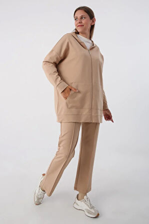 Bej-Fermuarlı Sweat Hırka