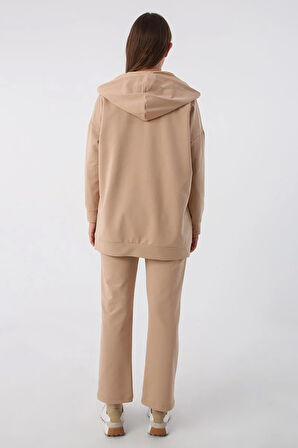 Bej-Fermuarlı Sweat Hırka