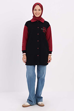 Siyah-İki Renkli Nakışlı Düğmeli Rahat Hırka