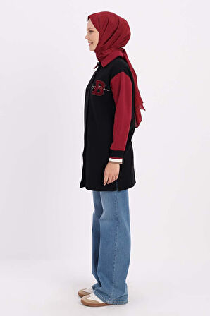 Siyah-İki Renkli Nakışlı Düğmeli Rahat Hırka