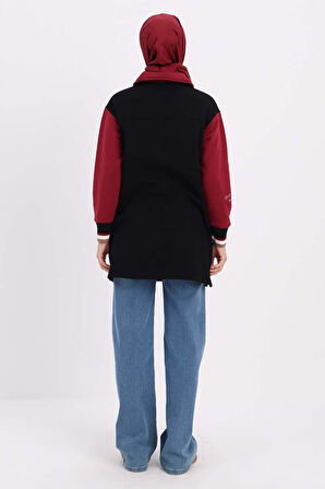 Siyah-İki Renkli Nakışlı Düğmeli Rahat Hırka