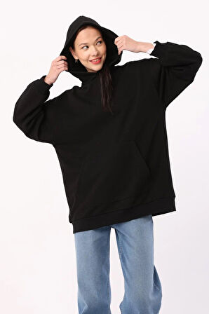 Siyah-Kanguru Cepli Oversize Sweatshirt