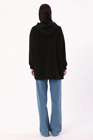 Siyah-Kanguru Cepli Oversize Sweatshirt