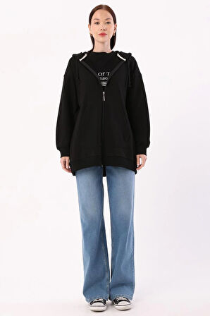 Siyah-Kanguru Cepli Oversize Sweat Hırka