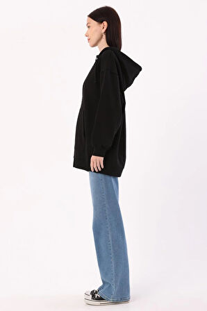 Siyah-Kanguru Cepli Oversize Sweat Hırka