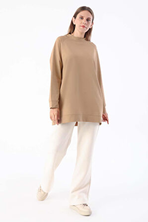 Bej-Bisiklet Yaka Reglan Kol Sweatshirt