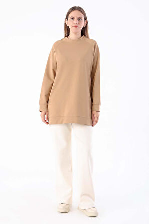 Bej-Bisiklet Yaka Reglan Kol Sweatshirt