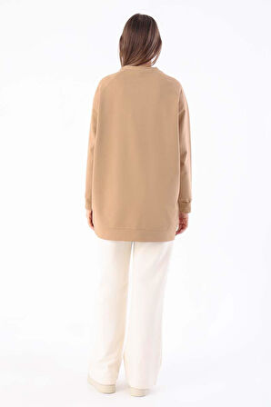 Bej-Bisiklet Yaka Reglan Kol Sweatshirt