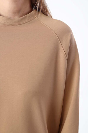 Bej-Bisiklet Yaka Reglan Kol Sweatshirt