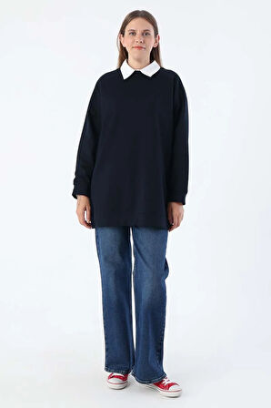 Lacivert-Bisiklet Yaka Reglan Kol Sweatshirt