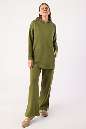 Haki-Kapüşonlu Sweat Tunik
