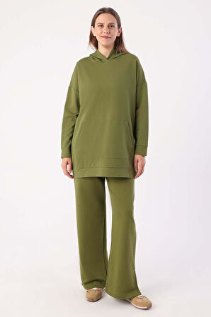 Haki-Kapüşonlu Sweat Tunik